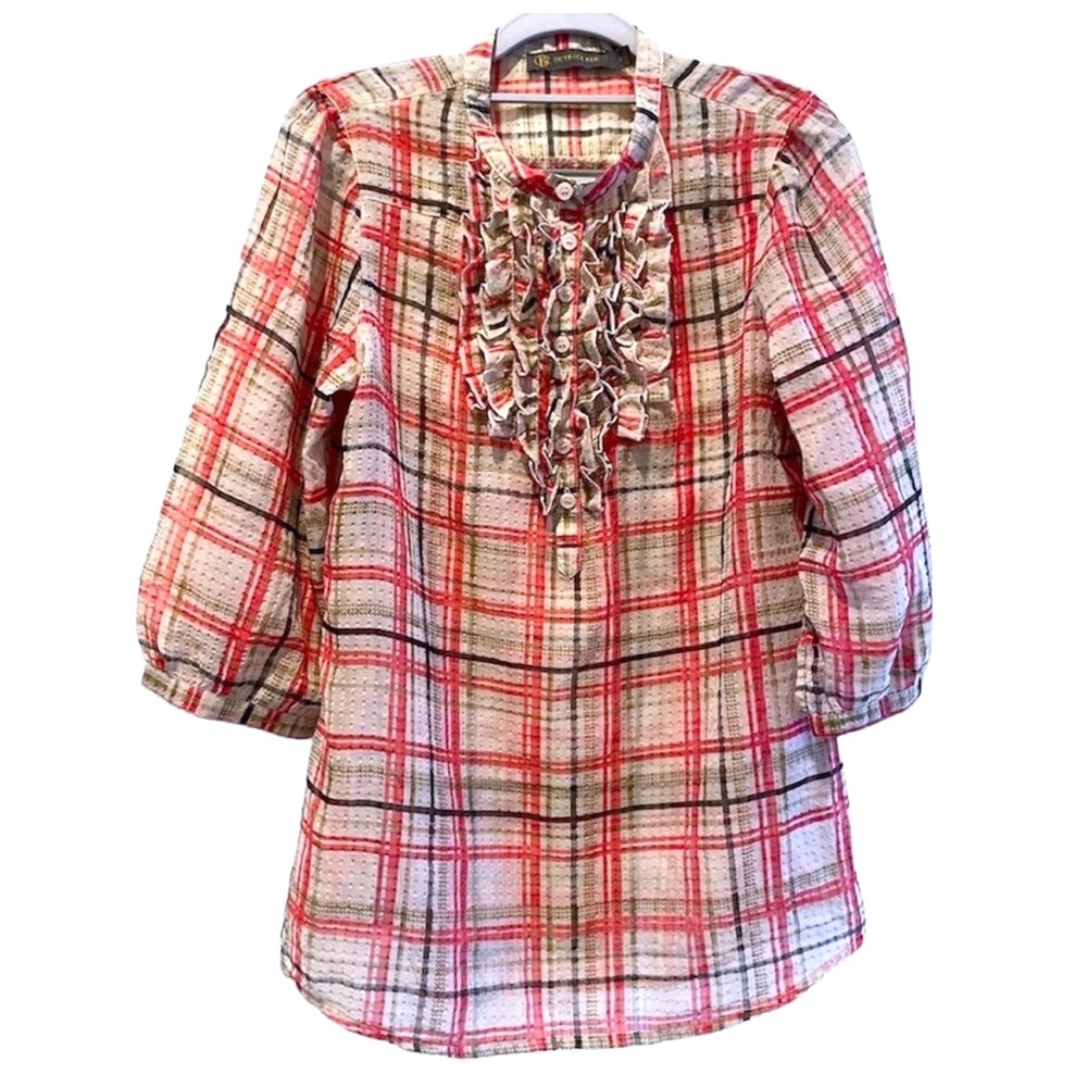 Outback Red Womens Small Plaid Ruffle Front 3/4 Sleeve Blouse‎ Sheer Red White